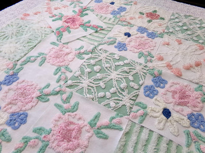 Floral Vintage Chenille Quilt Squares, Flower Medley 6" Fabric Blocks, Set of 17 for Quilting & Crafts
