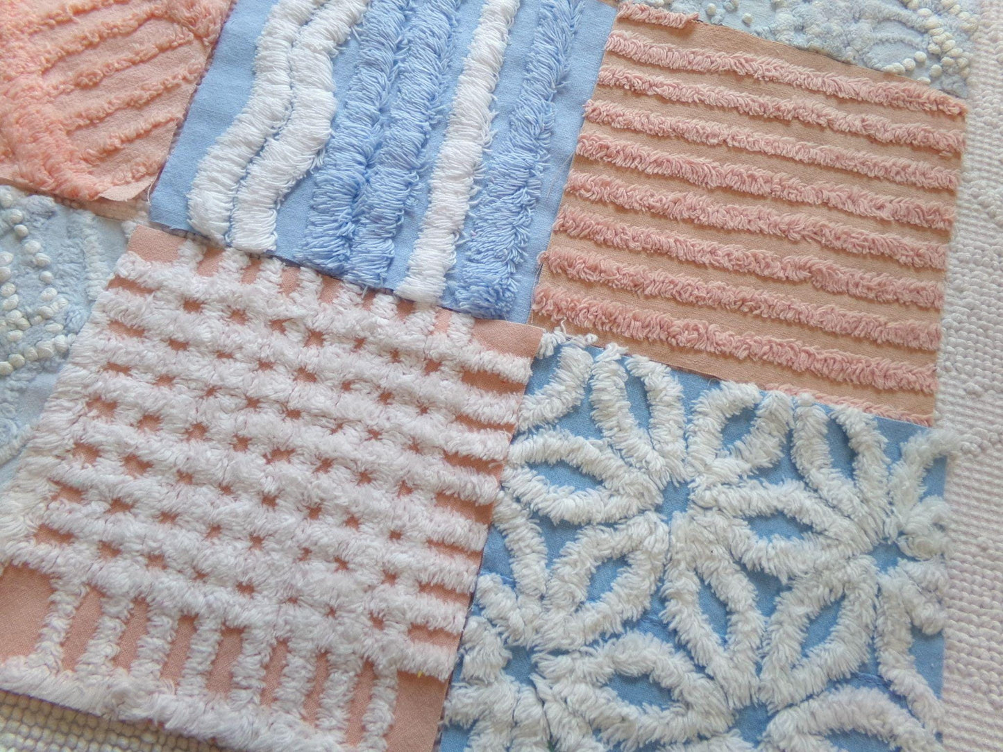 frost & fizz vintage chenille fabric squares, set of 16 blue, peach, white 6" quilt blocks for arts, crafts sewing