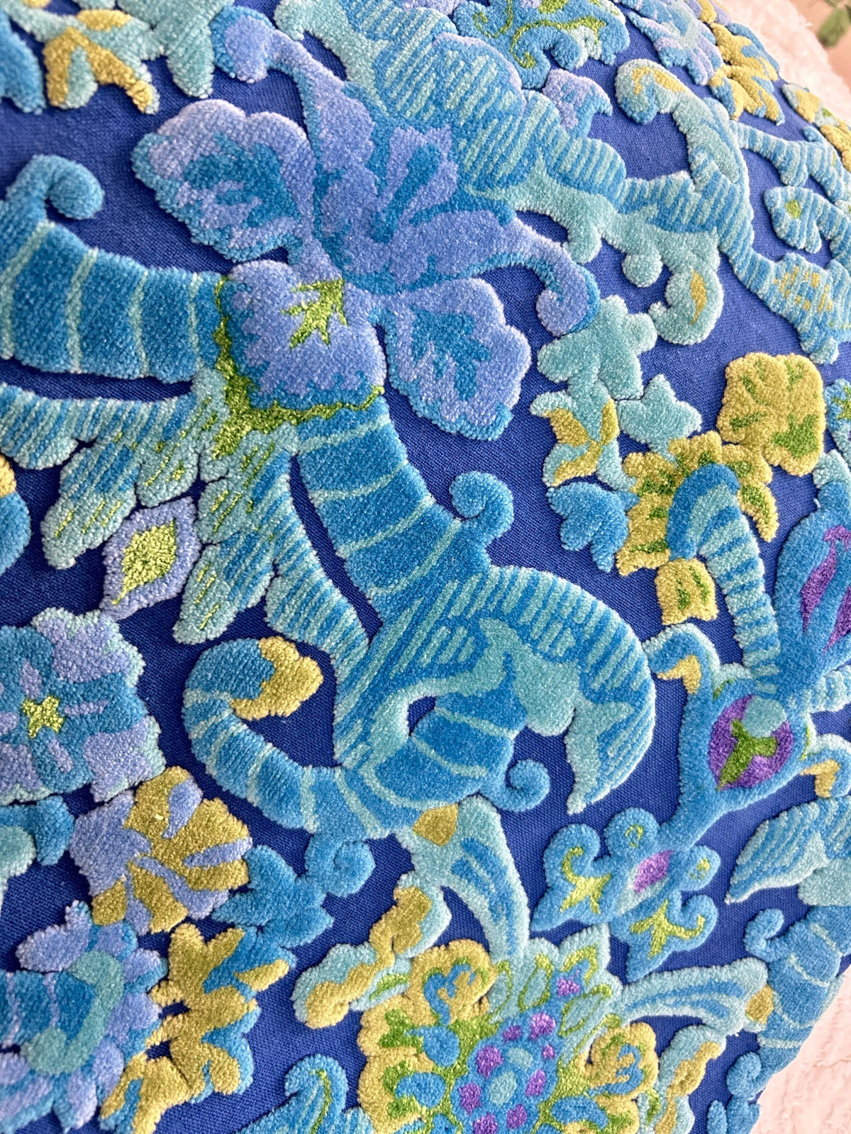 Electric Blue Vintage Cut Velvet Fabric, Mystic Bates Tapestry Chenille, 12x20"
