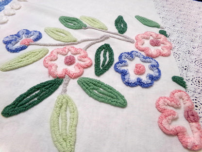 shabby chic vintage chenille bedspread fabric 17.5x24" blue white floral