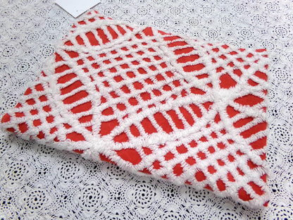 Red & White Vintage Chenille Fabric, Tufted Geometric 19x27" Sewing Material