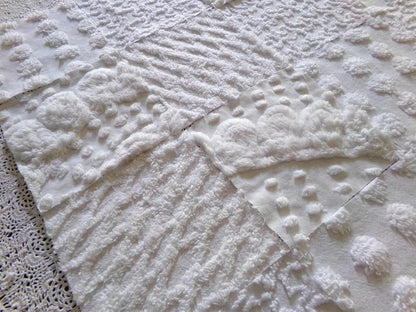 snow bunny vintage chenille fabric squares, 16 vintage white 6" quilt blocks w/ pops, squiggles, diamond lattice & swirls