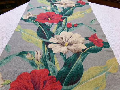 Hawaiian Barkcloth Vintage Fabric, Gray Tropical Red Hibiscus Floral Mid-Century 27" x 18"