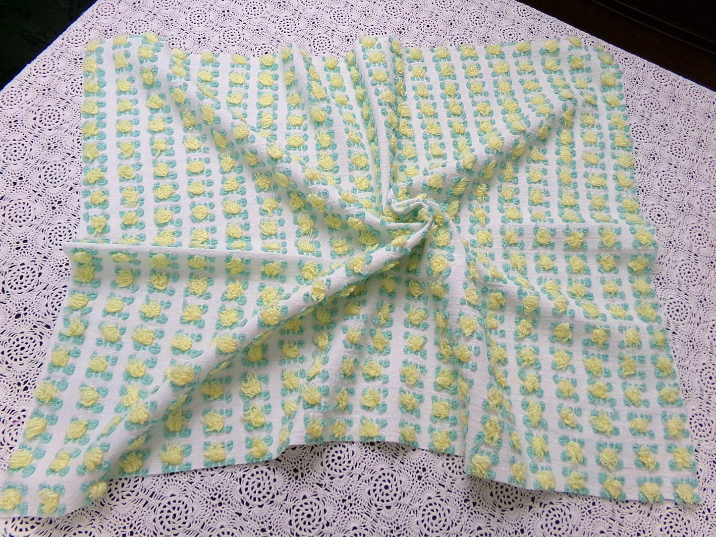 Cottage Rosebud Vintage Chenille Fabric Bouncy Bright Yellow Roses 18x24"