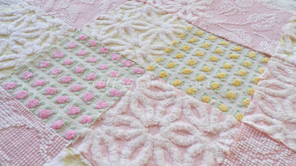 Chenille Fabric Squares Set, "Spring is in the Air", from Vintage Bedspread Fabrics, 16 Quilt Blocks, 6" inch, Cottage Pink, Yellow & White