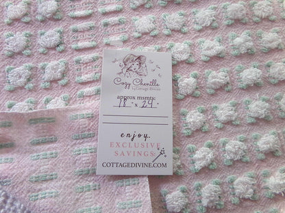 phantom white rosebud chenille fabric, 18" x 24" inch piece of dusty pink vintage Morgan Jones rosebuds quilt material for sewing & crafts