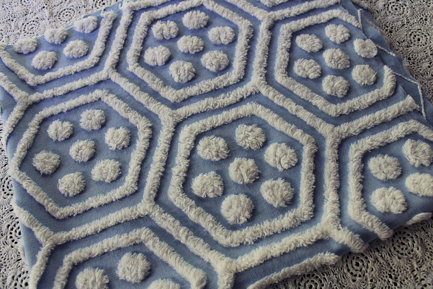 coastal cute vintage blue & white chenille fabric, reversible geometric hexagon dot design, 25" x 29" cut piece of sewing material
