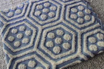 coastal cute vintage blue & white chenille fabric, reversible geometric hexagon dot design, 25" x 29" cut piece of sewing material