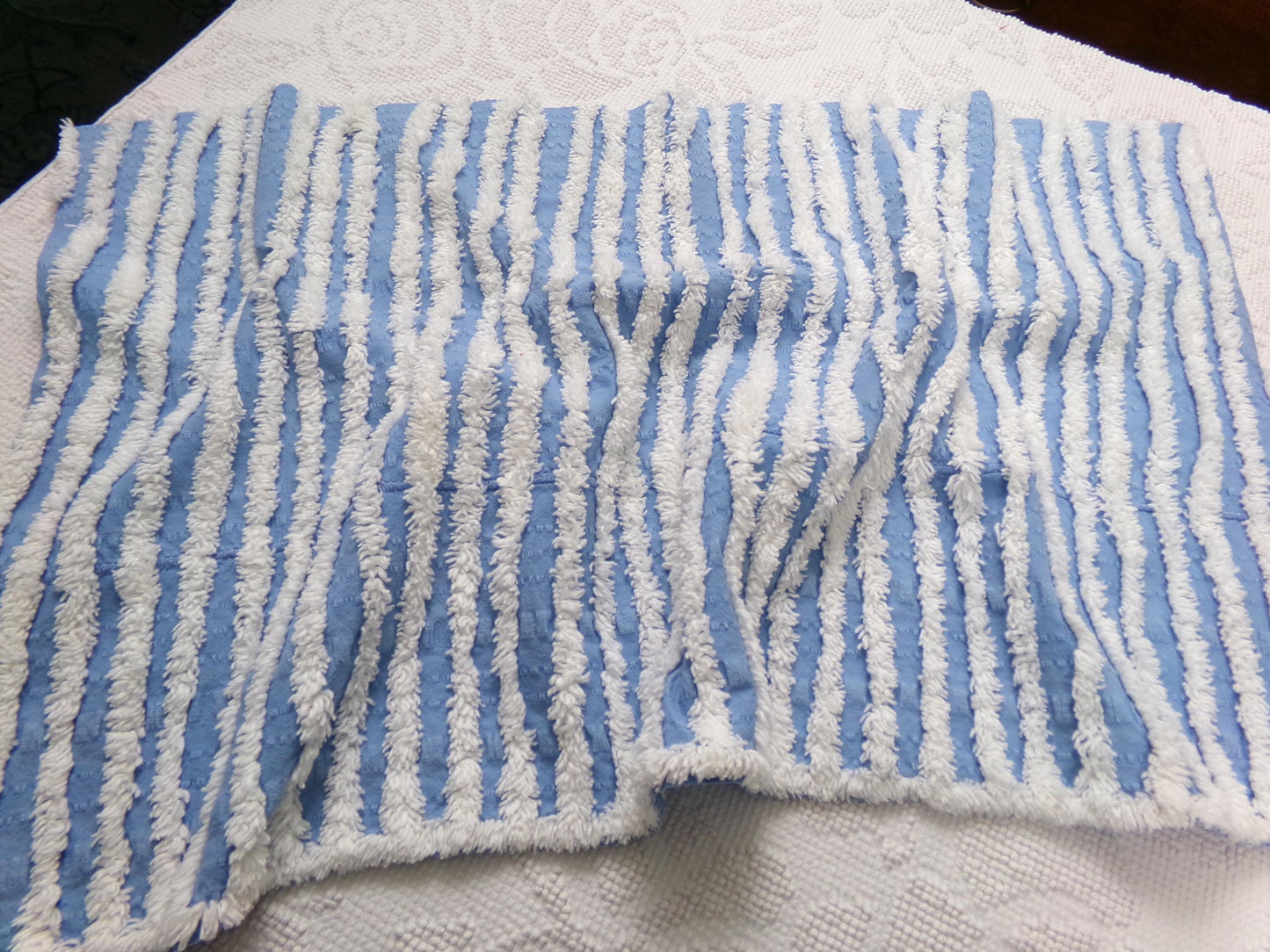Trendy Coastal Blue & White Striped Vintage Chenille Fabric, Craft Quilt Material, 16" x 27" Piece