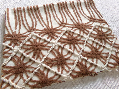 shabby cozy brown vintage chenille fabric, contrast stripe spider tuft design, 23" x 29" piece sewing & quilt material