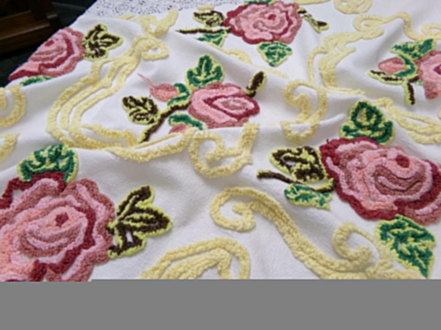 Cottage Pink Rose Vintage Chenille Fabric Shabby Scrollwork Sewing Quilt Material 27" x 24"