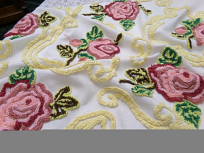 Cottage Pink Rose Vintage Chenille Fabric Shabby Scrollwork Sewing Quilt Material 27" x 24"