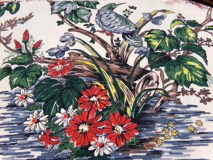 Vintage Barkcloth Fabric Panel Paloma Exotic Bird & Floral Botanical Print, 20x30"