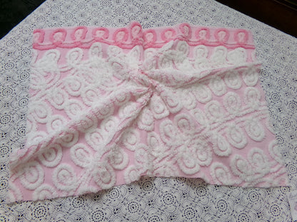 Cute Curlicues Vintage Chenille Fabric, Pink & White 16" x 23" piece