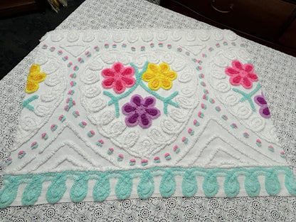 Sweetie Heart Vintage Chenille Bedspread Fabric Seafoam Curlicues 20x26" Textile