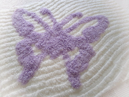 lilac butterfly vintage style chenille fabric, 19" x 15" piece of cotton sewing material, upcycle into pillows, quilts
