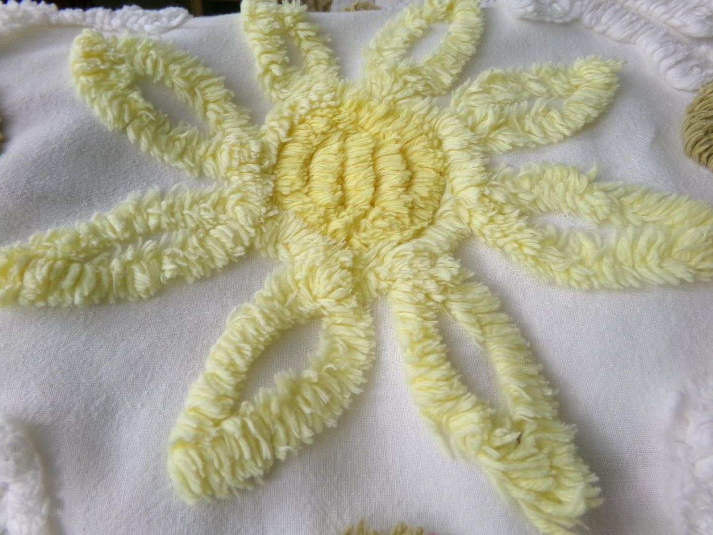 shabby sunflower vintage chenille fabric, 25" x 20" cut piece of quilt material for crafts, sewing