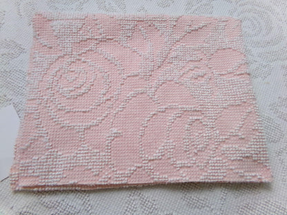 Pink Rose Vintage Hobnail Chenille Fabric Piece Cabbage Rose Reversible Shadow Design 18x24"