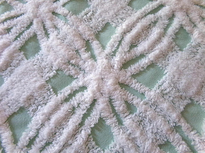 mint green vintage chenille fabric, plush white spider tufting, 19" x 26" piece of quilt material for arts & crafts