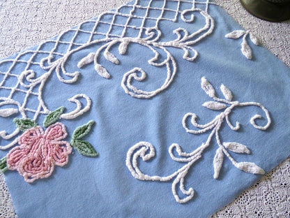 shabby chic pink rose vintage chenille fabric, pretty blue background, dainty white scrollwork, 18" x 22" piece of sewing material