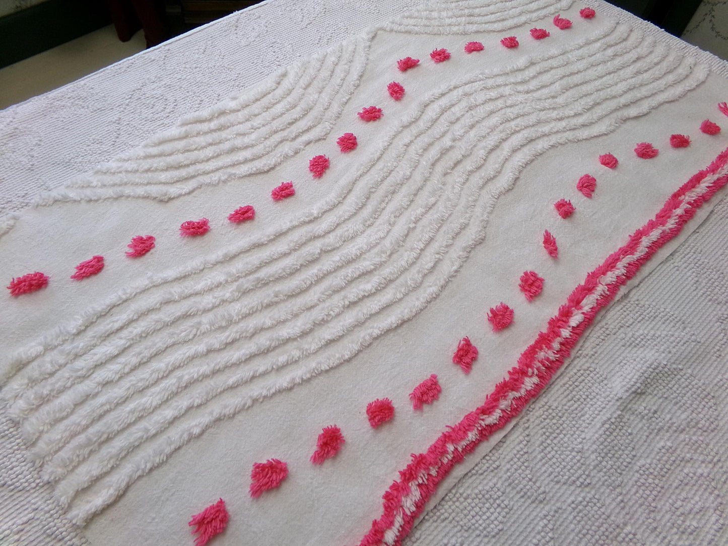 zany white & hot pink vintage chenille fabric: interesting piece of sewing material, 15" x 28" lightweight cotton blend piece
