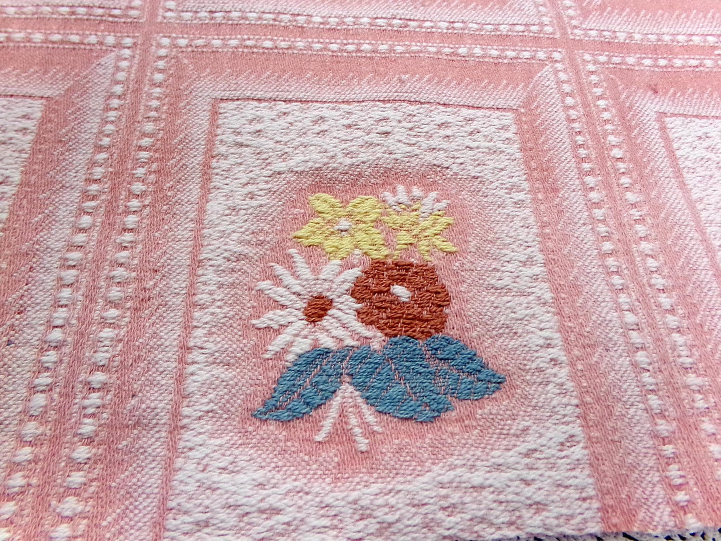 Vintage Pink Floral Fabric, Cotton Woven Cottage Windowpane Design 16.5x23"