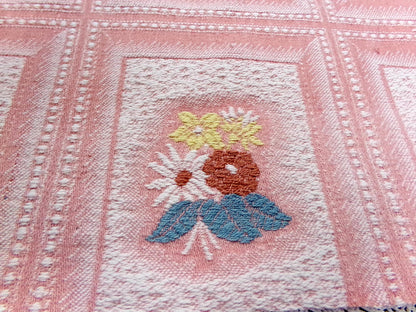 Vintage Pink Floral Fabric, Cotton Woven Cottage Windowpane Design 16.5x23"