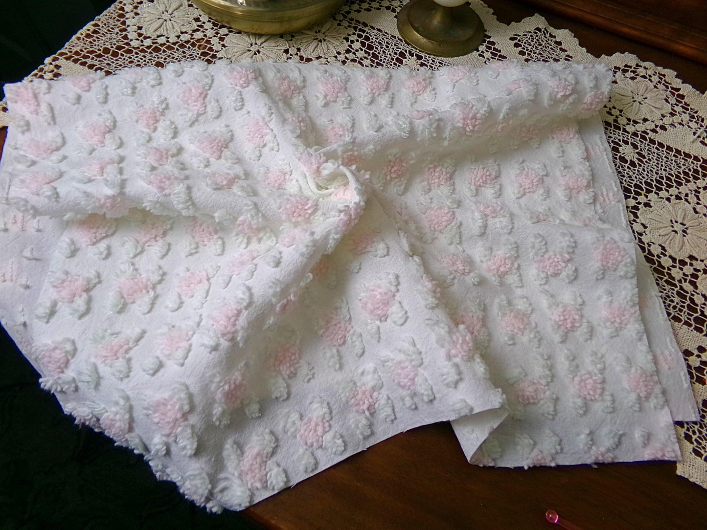 Shabby Pink Rosebud Vintage Chenille Bedspread Fabric Piece, Cottage Style Quilt Material 18" x 24"