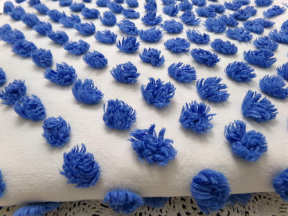 royal blue pops vintage chenille bedspread fabric handtufted white cotton 20x24"