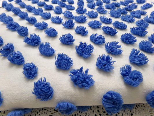 royal blue pops vintage chenille bedspread fabric handtufted white cotton 20x24"