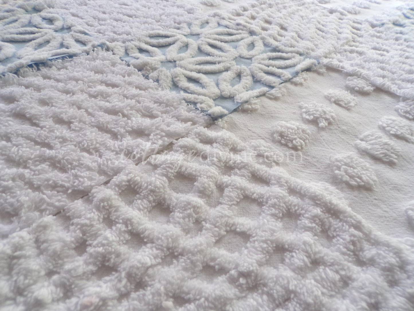 16 vintage chenille fabric squares: breezy blue & white 6" quilt blocks