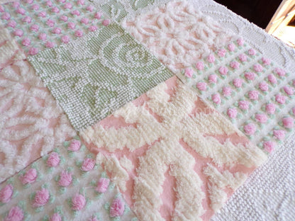flower nymph chenille fabric squares, pink rosebuds, white daisy, sage green, 16 vintage 6" x 6" quilt squares for sewing & crafts