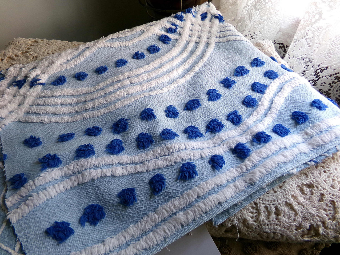 Coastal Cottage Vintage Chenille Fabric, Blue Rose Floral Sewing & Quilt Material 21" x 23"