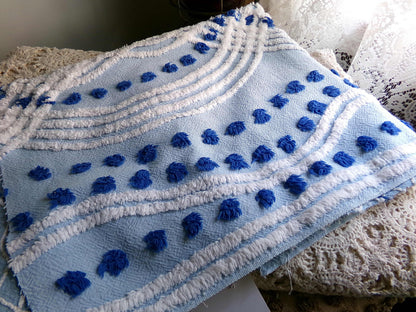 Coastal Cottage Vintage Chenille Fabric, Blue Rose Floral Sewing & Quilt Material 21" x 23"