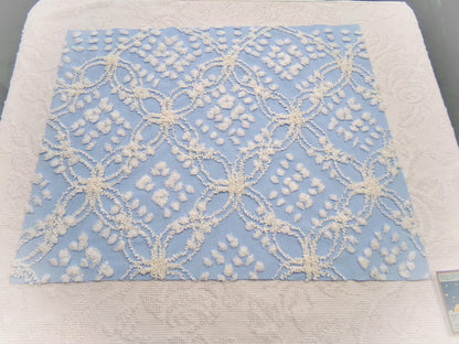 shabby coastal vintage chenille fabric, 19" x 24" piece w/ snow white pops & links on sky blue cotton