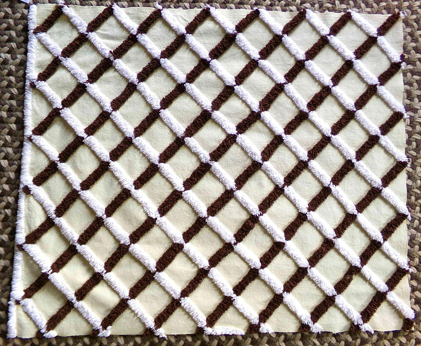 buttery yellow vintage chenille fabric in chocolate white crosshatch pattern, unique 20" x 25" piece of quilt material for crafts & sewing