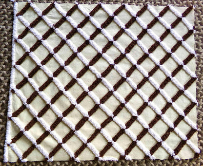 buttery yellow vintage chenille fabric in chocolate white crosshatch pattern, unique 20" x 25" piece of quilt material for crafts & sewing