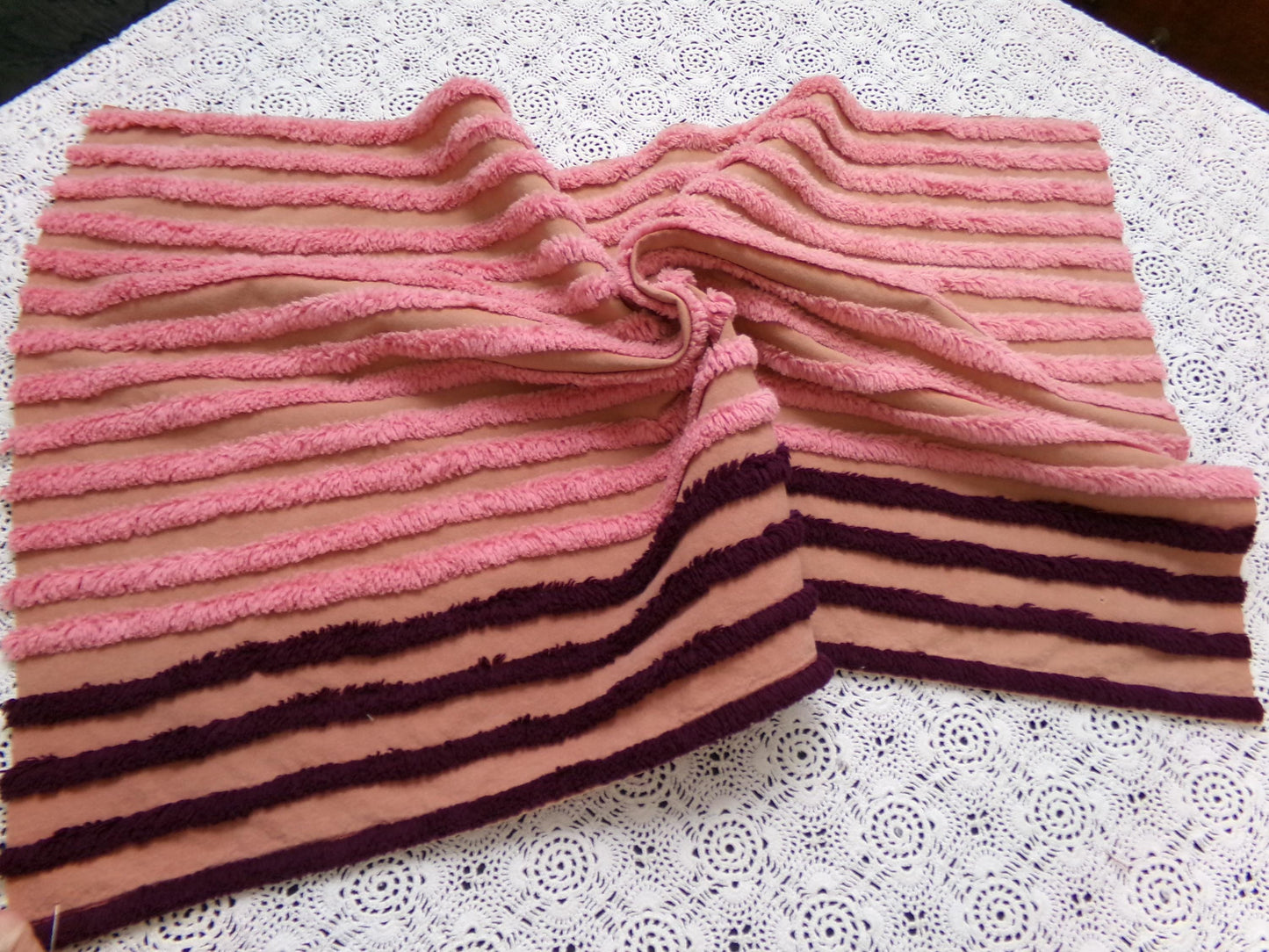 Transitional Stripe Vintage Chenille Bedspread Fabric 15x24" Unique Plush Sewing Material