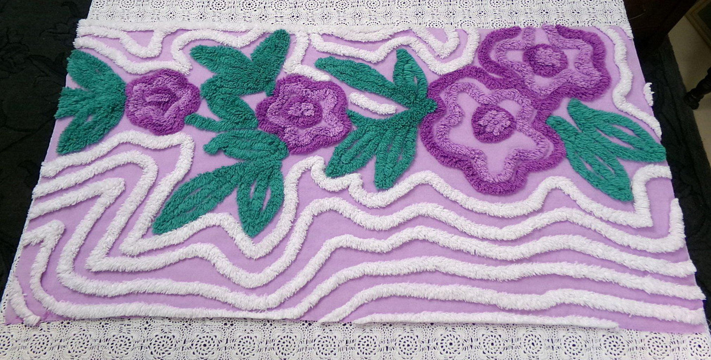 Violet Roses Vintage Chenille Bedspread Fabric 16x32" Sweeping White Waves