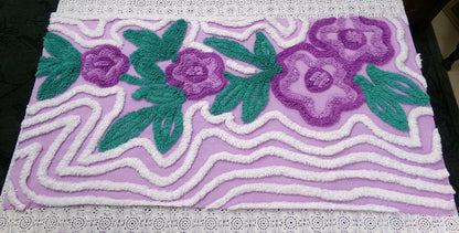 Violet Roses Vintage Chenille Bedspread Fabric 16x32" Sweeping White Waves