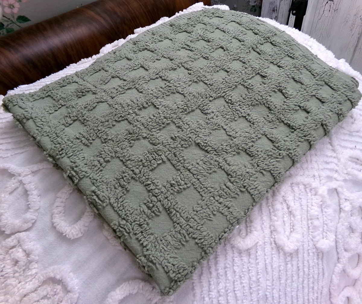 Simple Sage Squares Vintage Style Chenille Fabric, Grid Design, 18x24" Piece