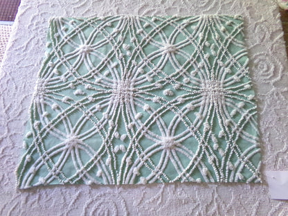 Striking Creamy Jade Green Vintage Chenille Bedspread Fabric, 19" x 23" inch Piece, White Spider Tuft Texturized Design