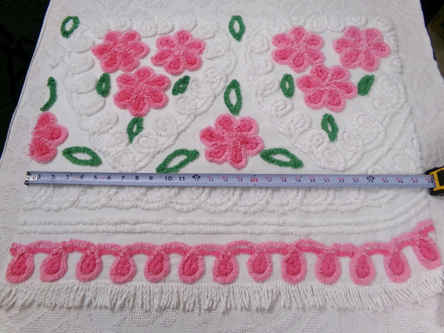 Pink White Floral Vintage Chenille Bedspread Fabric Sewing & Quilt Material 20" x 26"