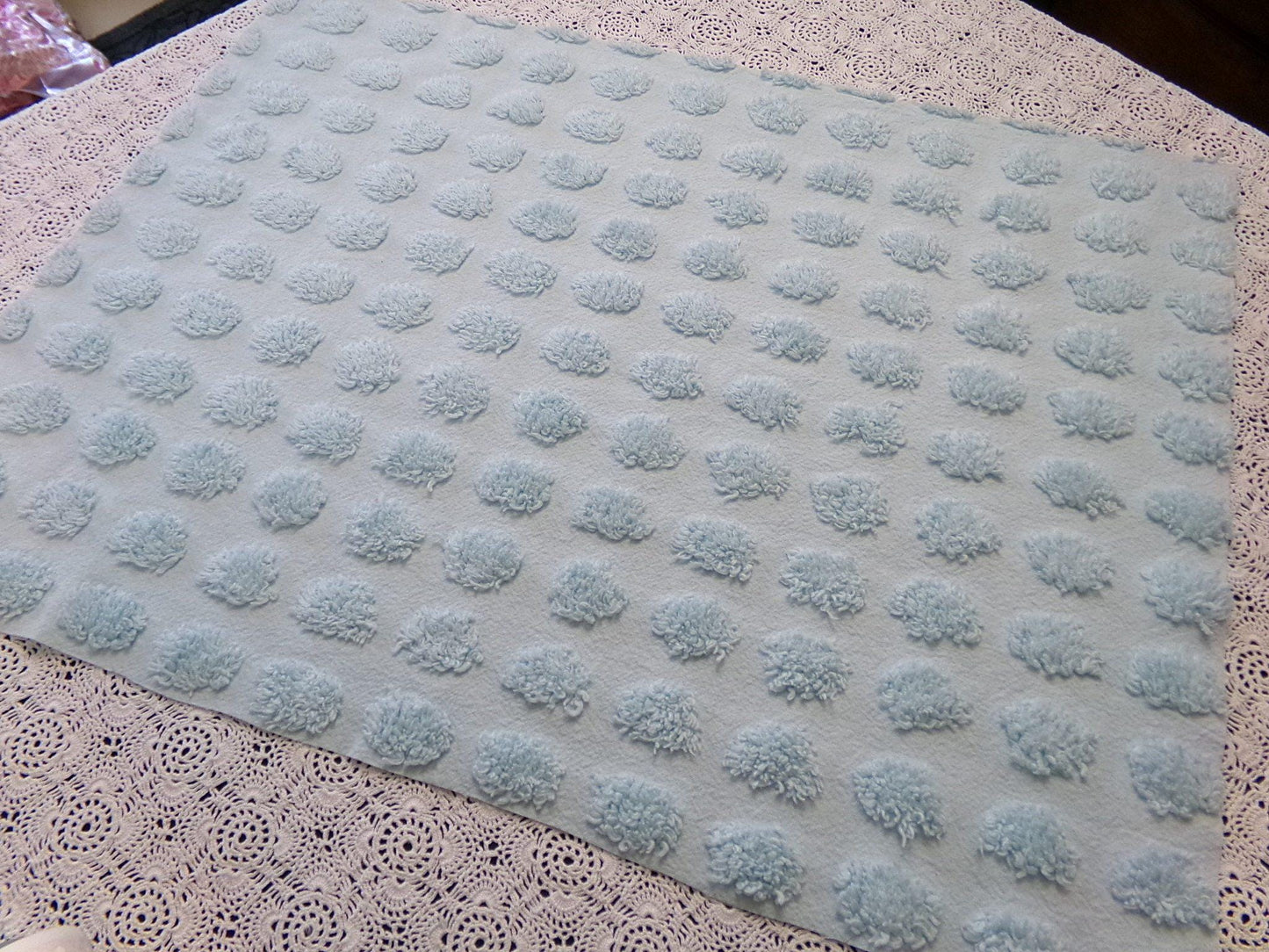 Refreshing Aqua Vintage Style Chenille Bedspread Fabric Coin Dot Pops 18x24"