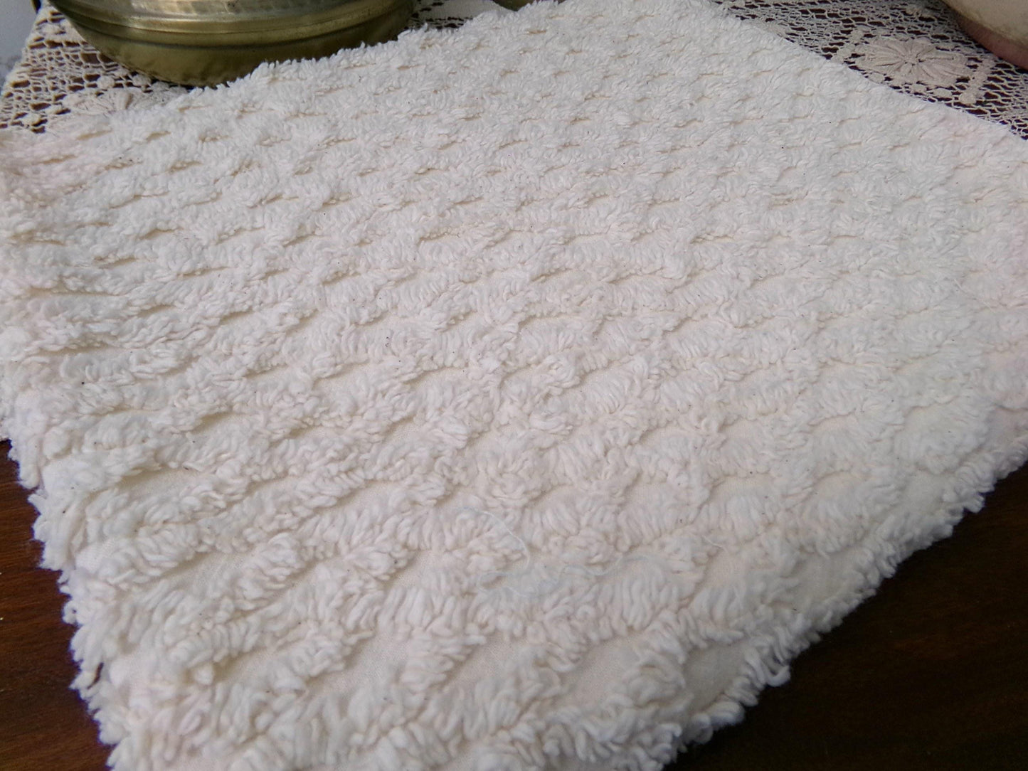 Simple Vanilla Vintage Chenille Fabric, tufted lattice design, sewing craft quilt material, 20" x 24" piece
