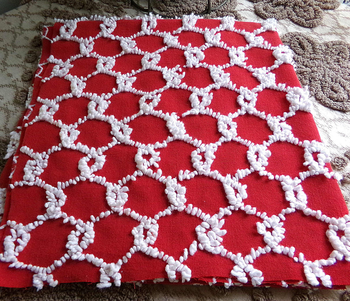 Red & White Vintage Chenille Bedspread Fabric, 17.5x23" Chain Link Design