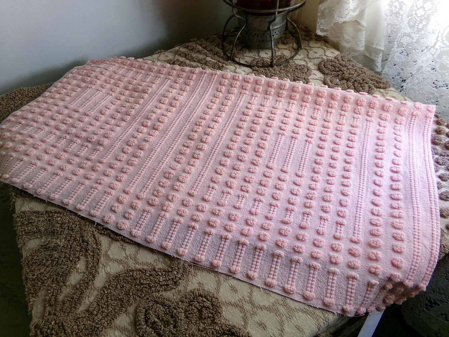 Unique Windowpane Pops Vintage Chenille Fabric, 22" x 22" Piece, Texture Tuft Popcorn Dots & Dashes in Rosy Pink