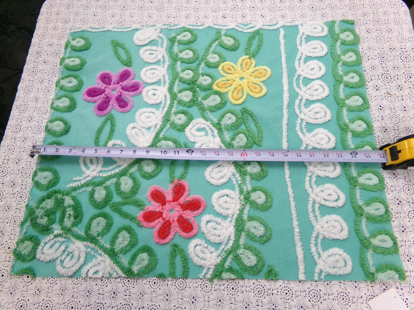 Vintage Green Chenille Fabric, Floral Swirl Design, 20x25" Piece