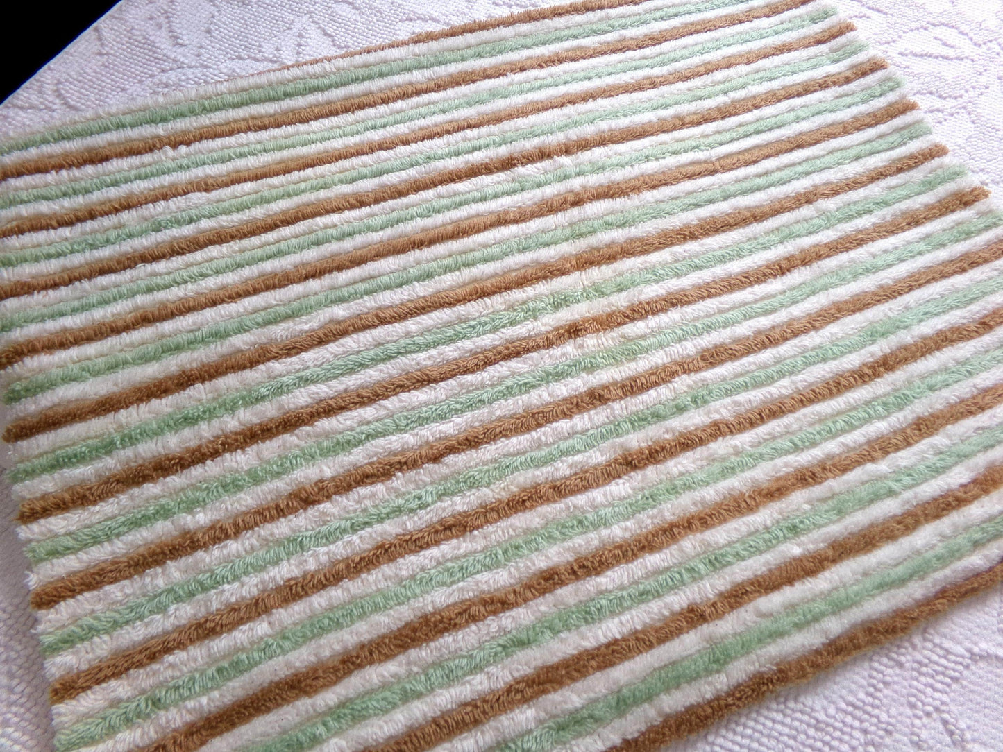 vintage striped chenille fabric in cocoa puff & mint green velvety soft stripes, 18" x 24" cut piece