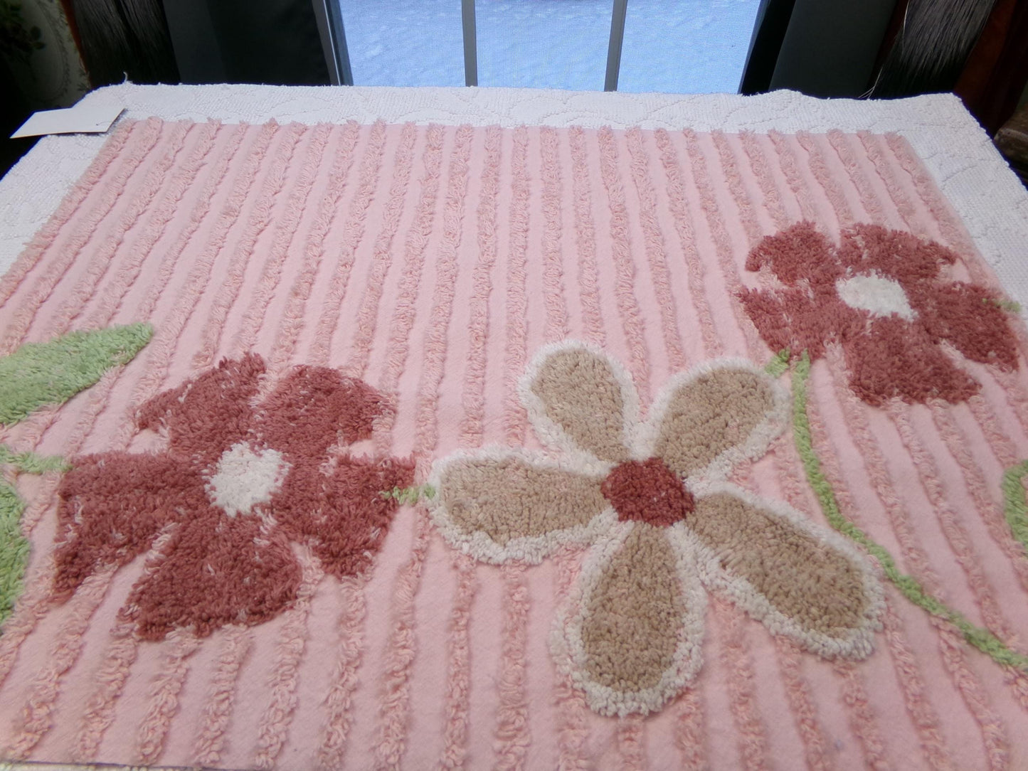 Vintage Chenille Bedspread Fabric, Pink Tufted Climbing Florals, 20" x 26" piece